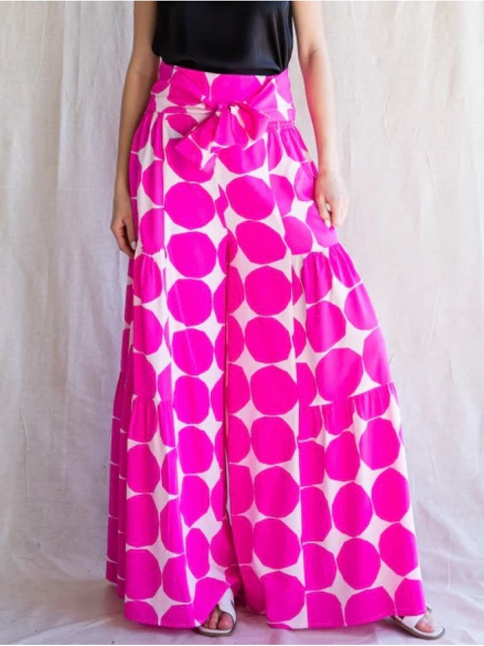 JODIFL Fuchsia and White Polka Dot Maxi Skirt with Waist Tie
